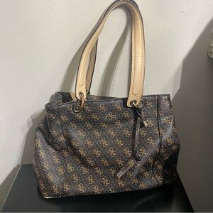 Guess  Brown Monogram Logo Tote Bag Purse Brown